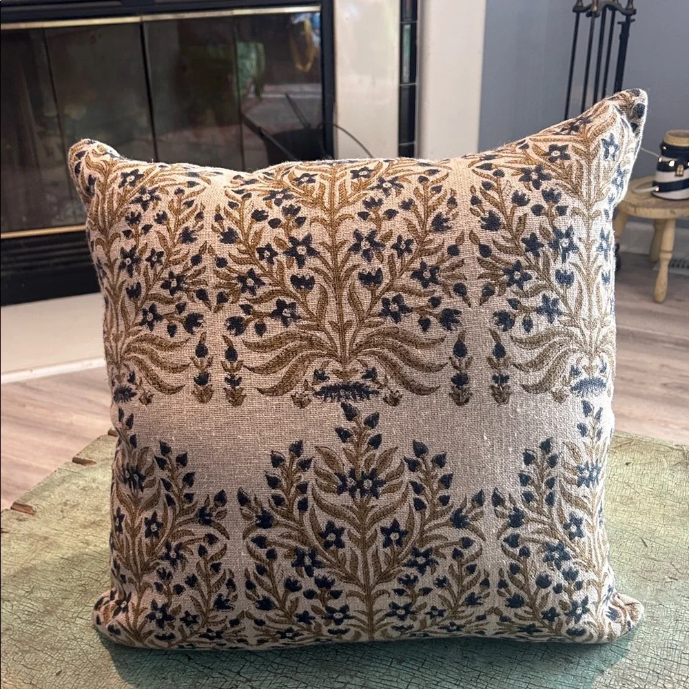 Boho EmbroideredThrow Pillow – Neutral with Navy & Gold Floral Design